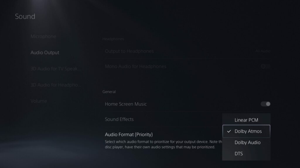 Le menu audio de la PS5 avec l'option Dolby Atmos disponible, pour les appareils compatibles.