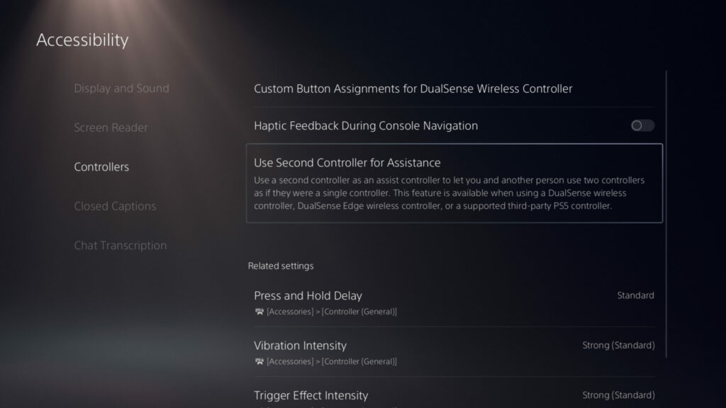 Le menu d'accessibilité de la PS5 avec l'option permettant d'attribuer une seconde manette.